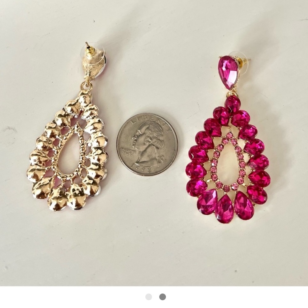 Pink Crystal Earrings Teardrop Shape Rhinestone Bling - Picture 2 of 2